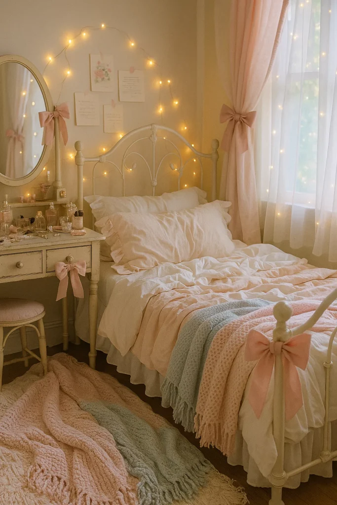 Pastel coquette bedroom with bows, layered blankets, and trinkets in a messy yet charming aesthetic.