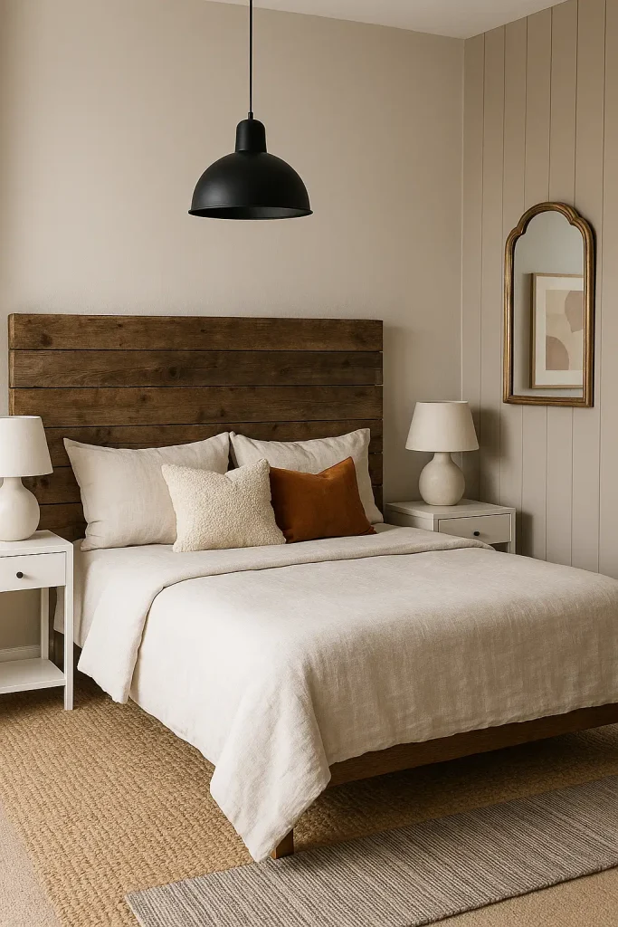 Rustic headboard paired with modern lighting and neutral decor for a fresh modern-cottage bedroom vibe.