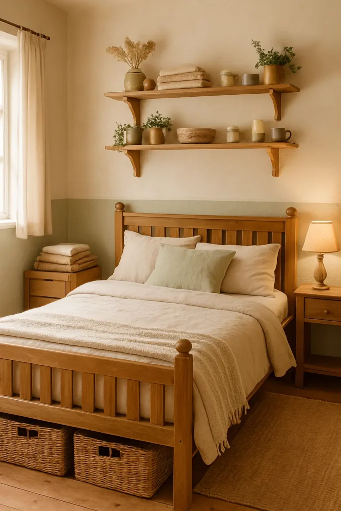 Cottage bedroom with soft floral bedding, blush pillows, floral curtains, and cozy natural lighting.