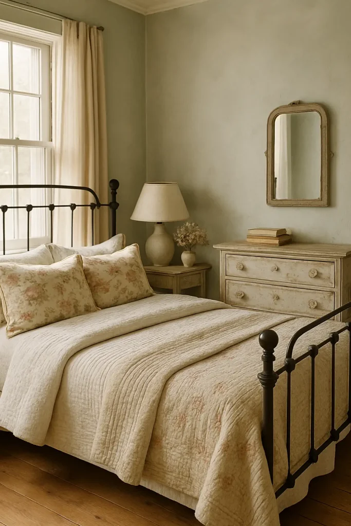 Cottage bedroom with iron bed, chipped wood nightstand, soft lighting, and vintage floral accents.