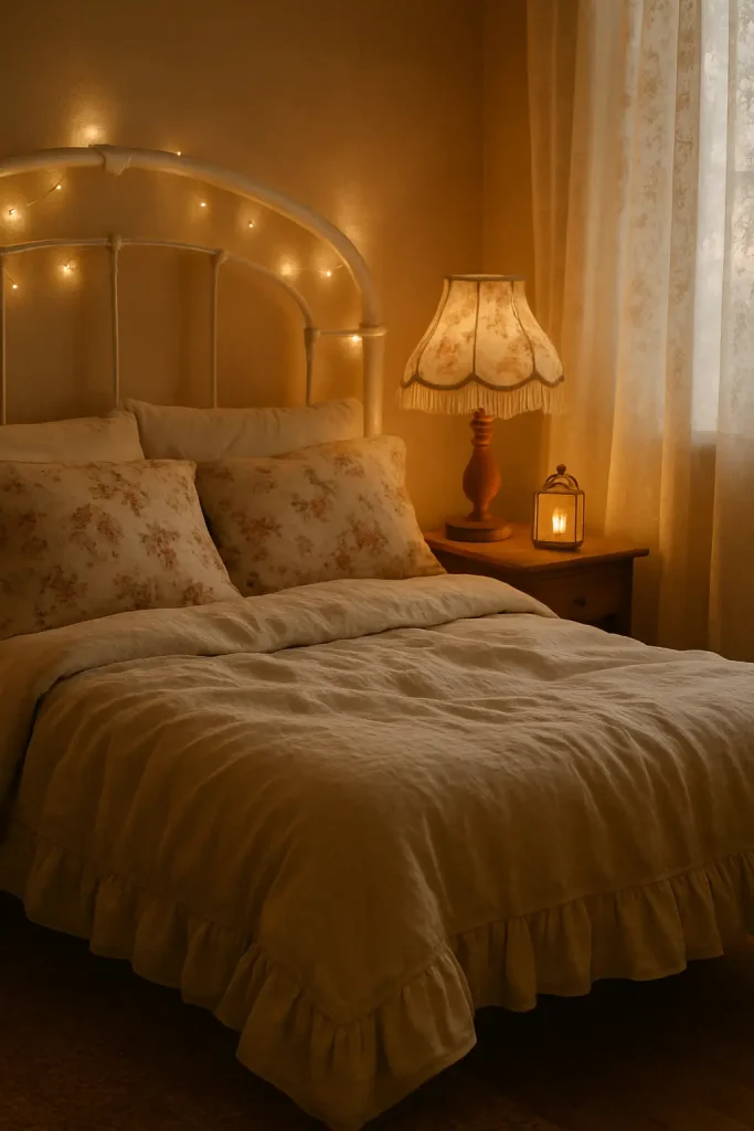 Cottagecore bedroom with warm string lights, fringed lamp, and lantern for a soft, cozy glow.
