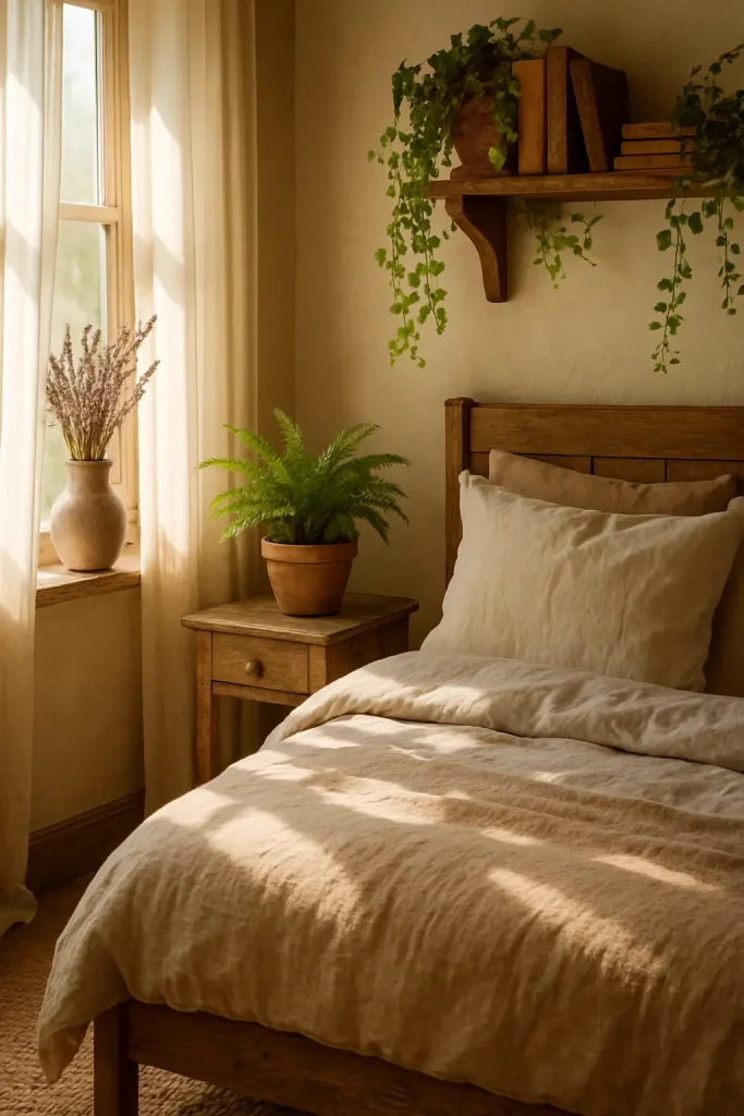 Cottage bedroom with potted fern and dried lavender, creating a peaceful, nature-inspired atmosphere.