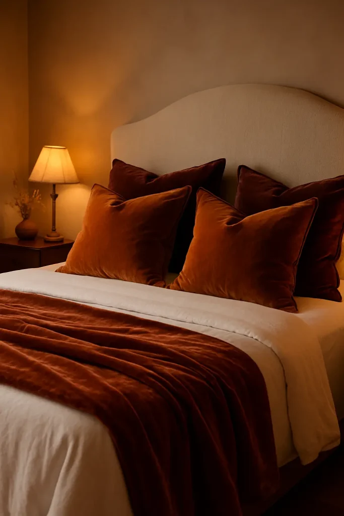 Romantic bedroom with velvet pillows and throw in deep tones, paired with crisp linens for balance.