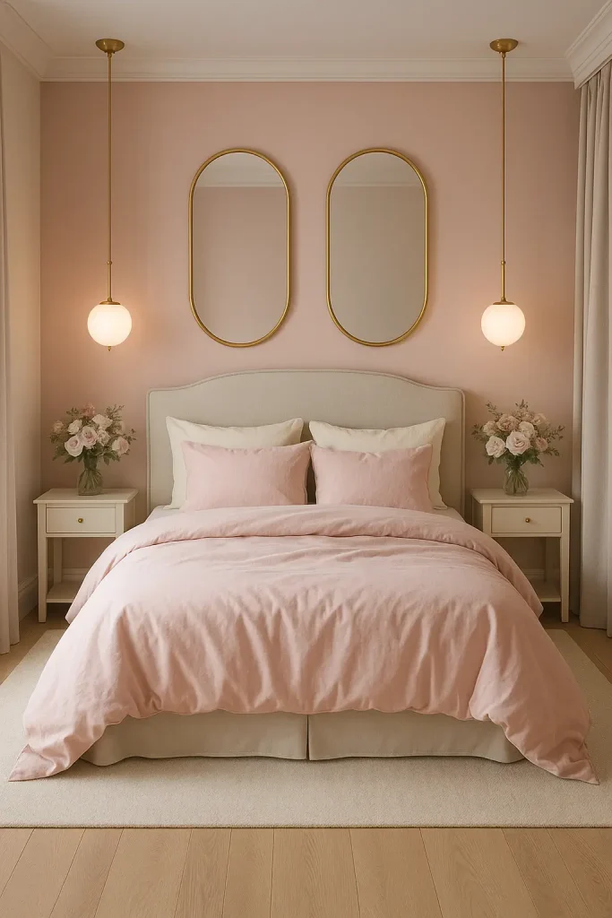 Blush pink bedroom with cream and gray accents, gold decor, and soft romantic lighting for couples.