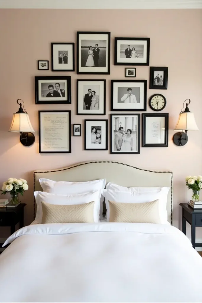 Gallery wall of framed couple photos and notes in black and oak frames above a romantic bed.