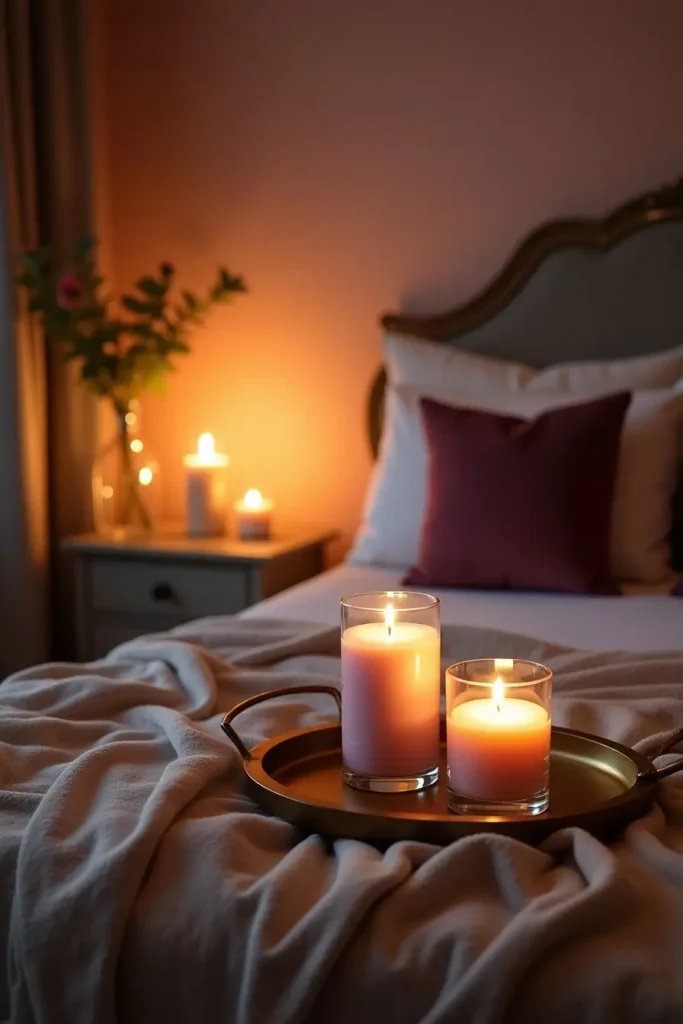 Lavender and rose-scented candles glowing on nightstands, adding warmth to a romantic bedroom.