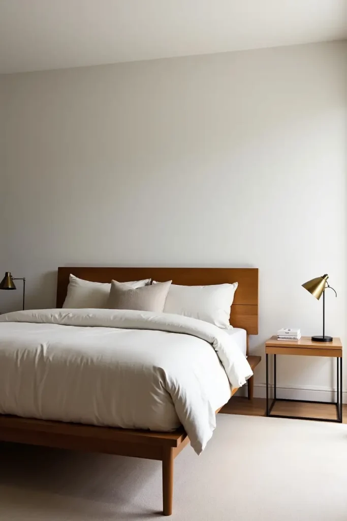 Modern couple bedroom with brass lamps, a low wood bed, and neutral bedding for minimalist warmth.