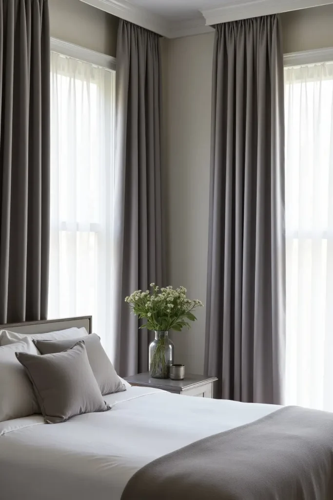 Romantic bedroom with tall gray blackout curtains layered with white sheers for privacy and elegance.