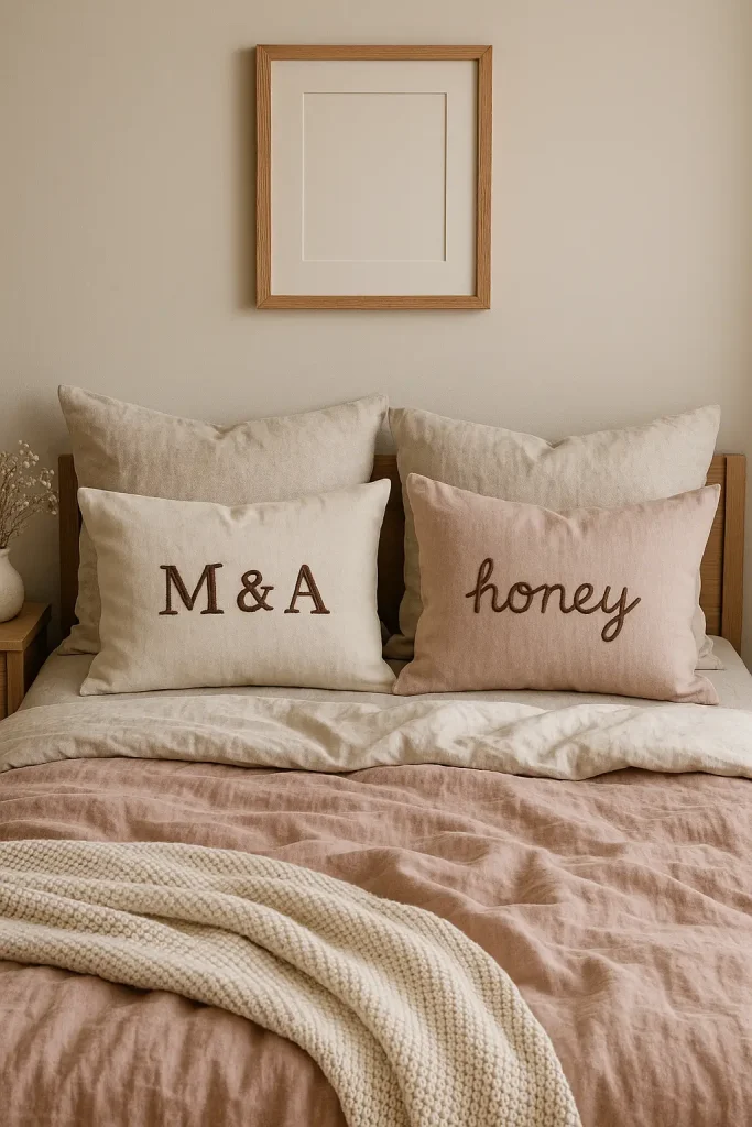 Cozy couple bedroom with custom pillows featuring initials, soft fabrics, and playful personal details.