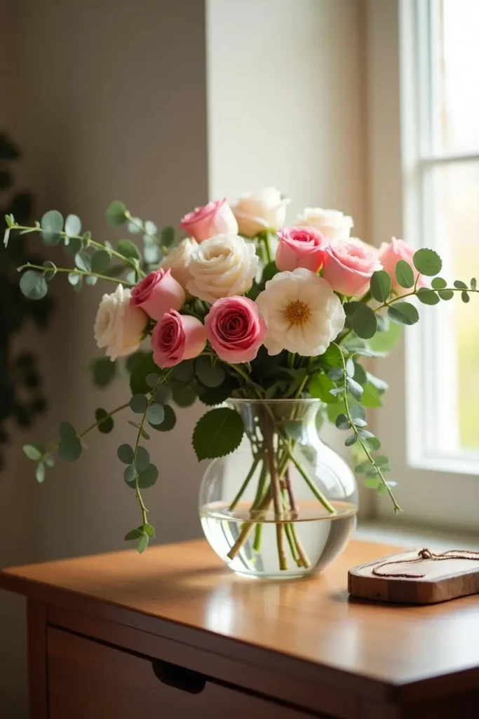 Romantic bedroom with roses and eucalyptus in a vase on a dresser near a sunny window for fresh charm.