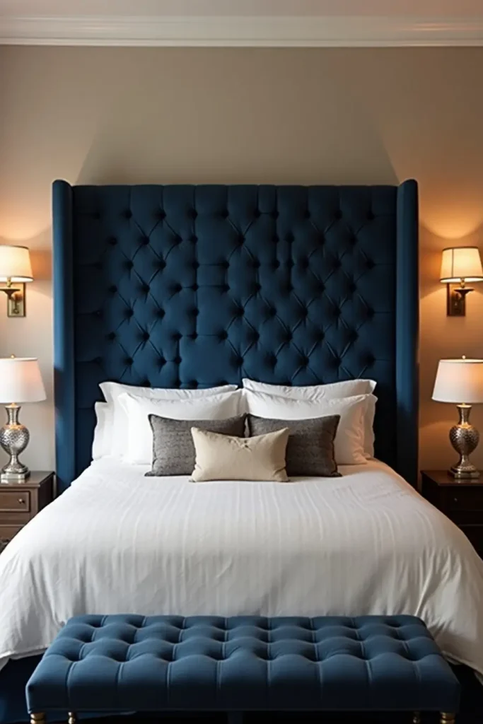 Romantic bedroom with a bold navy tufted headboard centered on the wall, creating an elegant focal point.