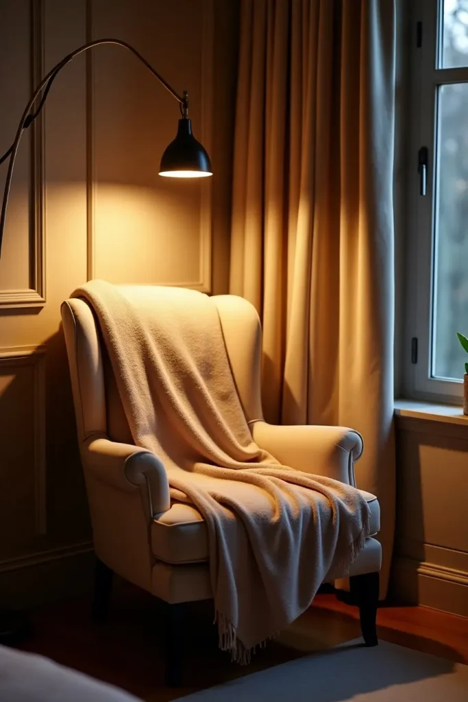 Cozy bedroom reading nook with a shared throw and curved lamp, inviting quiet, intimate couple moments.