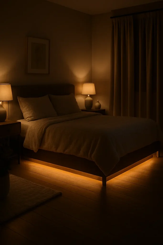 Romantic bedroom with warm LED strips under the bed, casting a soft glow for intimacy and safety.