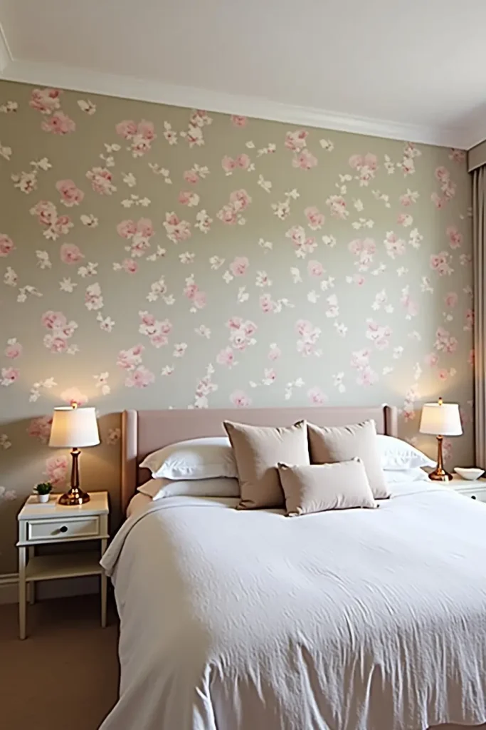 Romantic bedroom with a floral wallpaper accent wall behind the bed, adding depth and elegant charm.