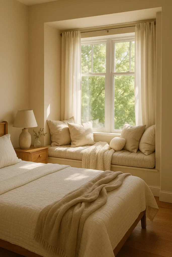 Romantic bedroom window seat with cushions and throws, creating a dreamy nook for couples to relax.