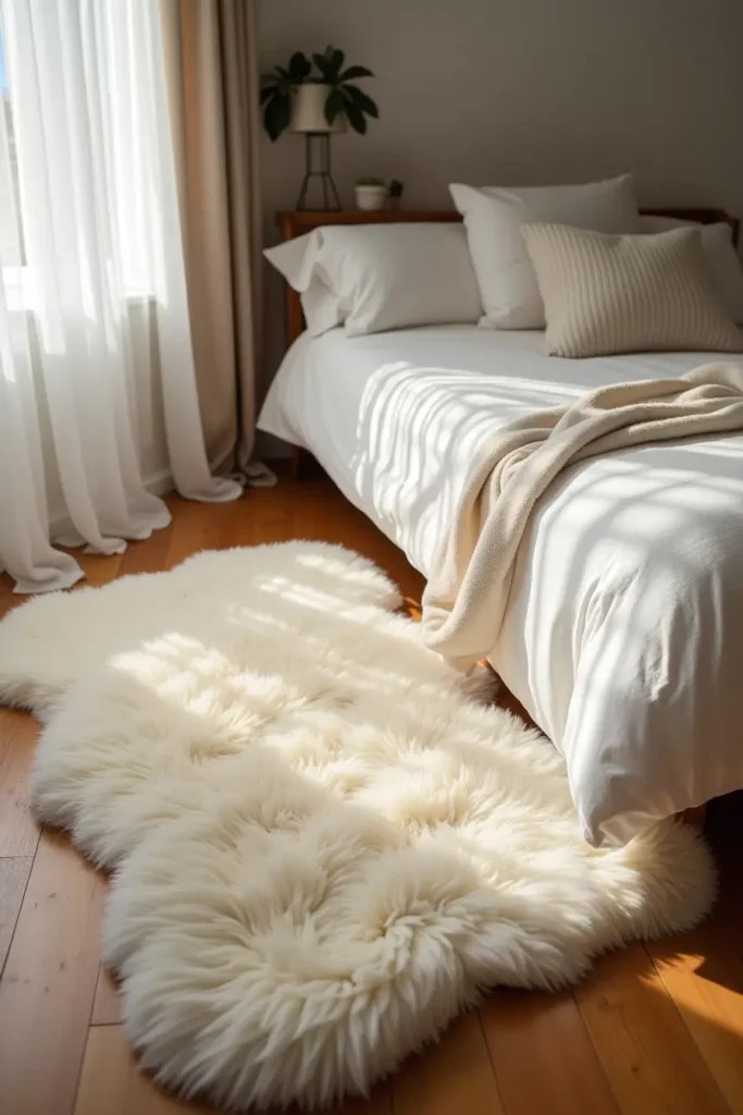 Neutral fluffy rug under a bed in a cozy romantic bedroom, adding warmth, texture, and barefoot comfort.