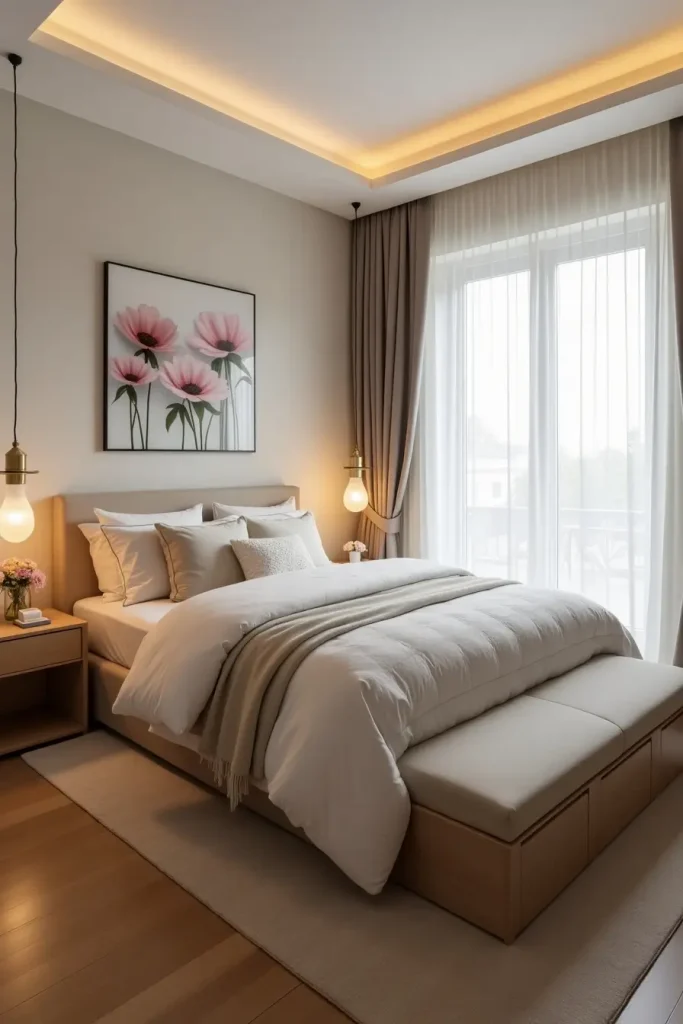 Small couple bedroom with a storage bench at the bed’s foot, adding seating, storage, and style.