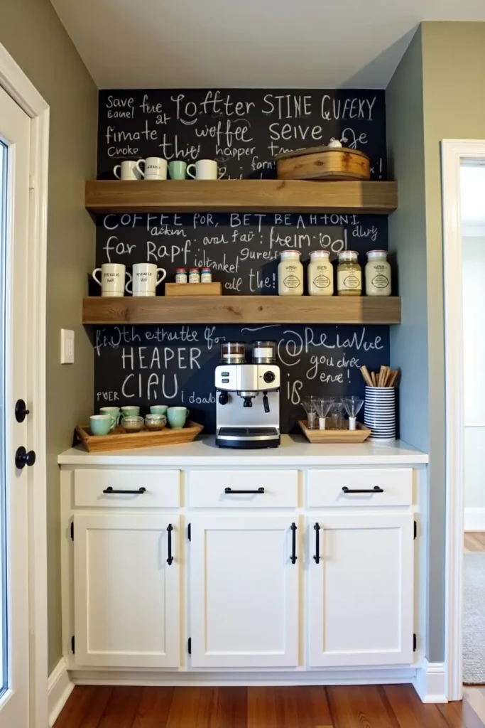 Farmhouse coffee station with chalkboard wall, tiered trays, rustic shelves, and cozy personalized charm.