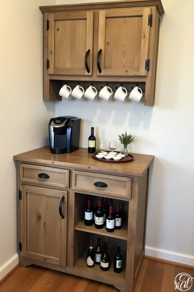 Rustic coffee bar with weathered wood cabinets, lower shelf storage, hooks, and cozy farmhouse charm.