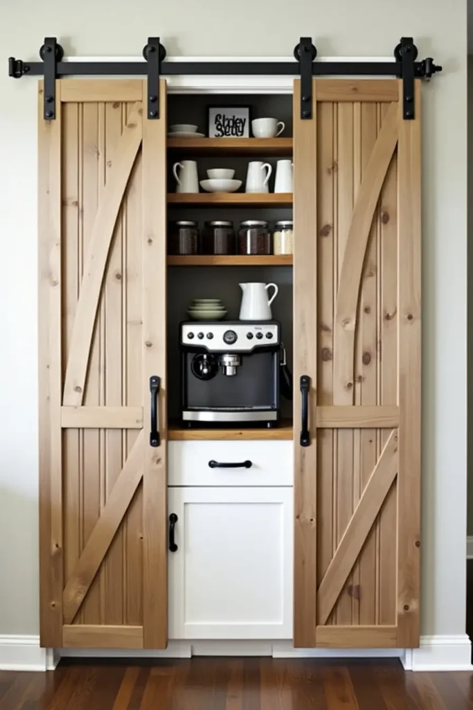 Built-in coffee bar hidden behind sliding barn doors with espresso machine and rustic shelves inside.