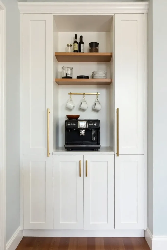 Tall narrow coffee tower with slim cabinets, central espresso machine, and pull-down shelves for storage.