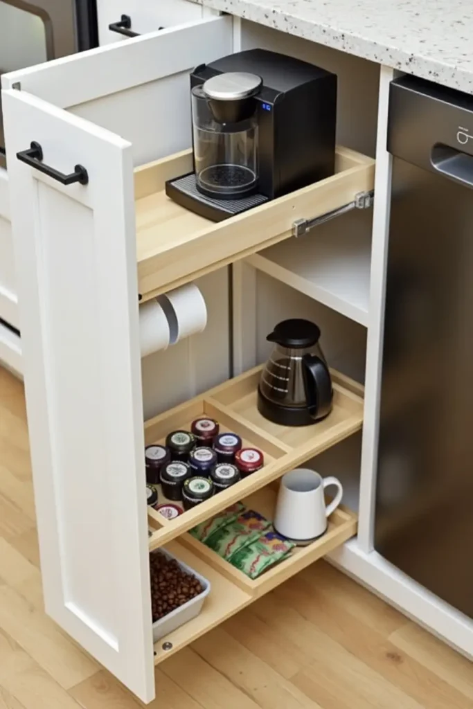 Pull-out drawer coffee bar with compact brewer, mug racks, and pod dividers hidden in a modern kitchen.