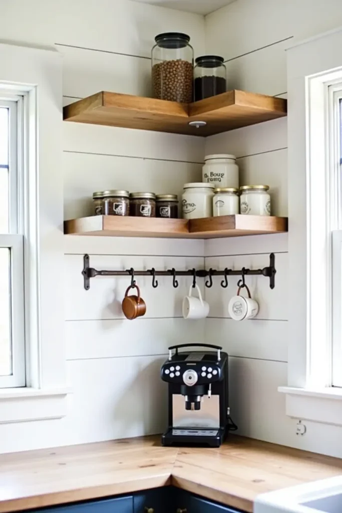 Rustic shiplap coffee nook with wooden shelves, hanging mugs on hooks, and a farmhouse-style espresso setup.