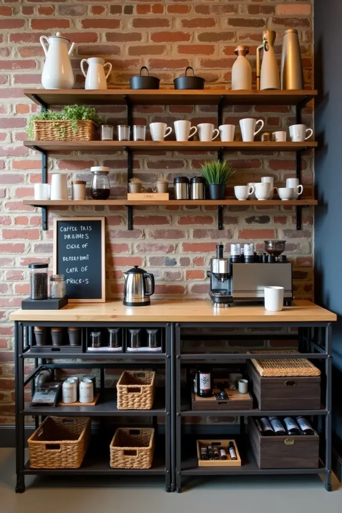 Coffee bar with exposed brick wall, open shelves, woven baskets, and chalkboard accent for urban style.