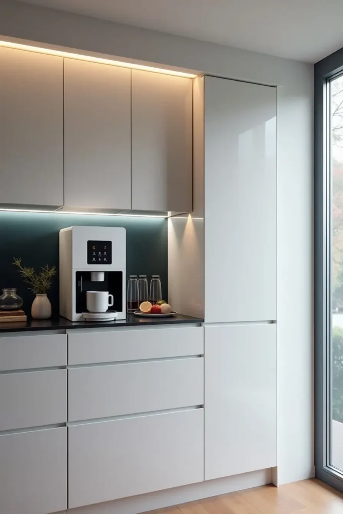 Futuristic coffee bar with voice-activated machine, smart lighting, and glossy cabinets in modern kitchen.