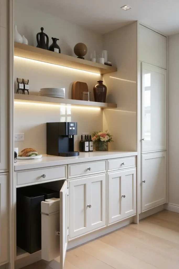 Glossy modern coffee bar with built-in pod machine and pull-out bins in a sleek kitchen setup.