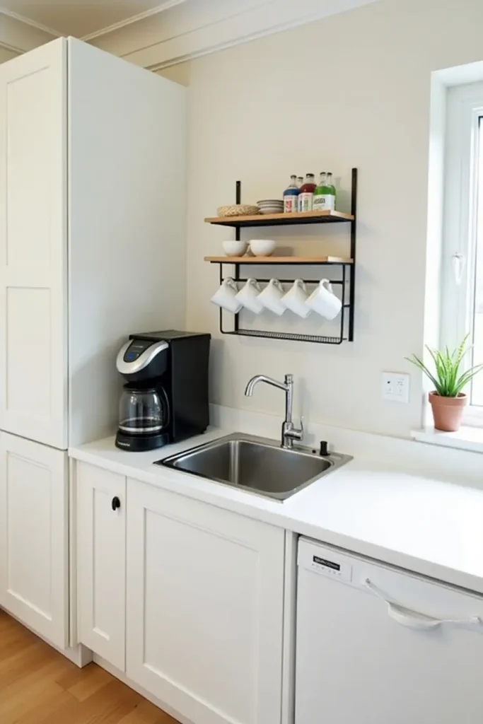 Over-sink coffee station with waterproof shelves and drying rack in a compact kitchen space.