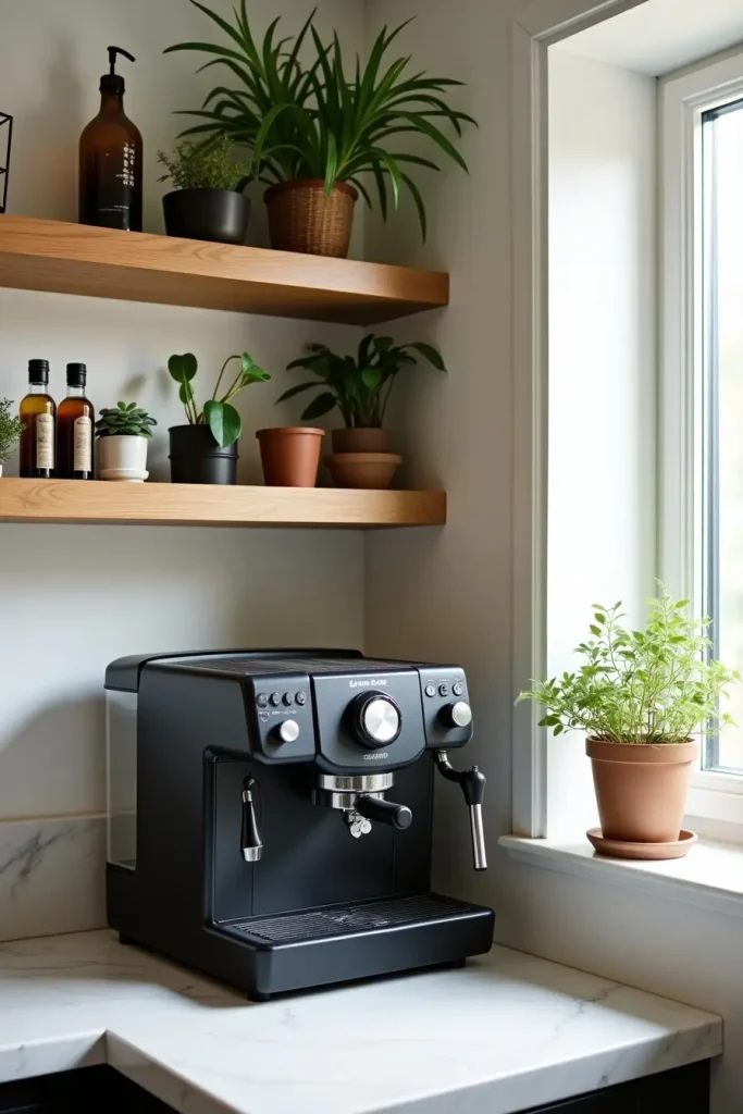 Coffee bar with wooden shelves, plants, and herb syrups for a fresh, cozy kitchen nook.