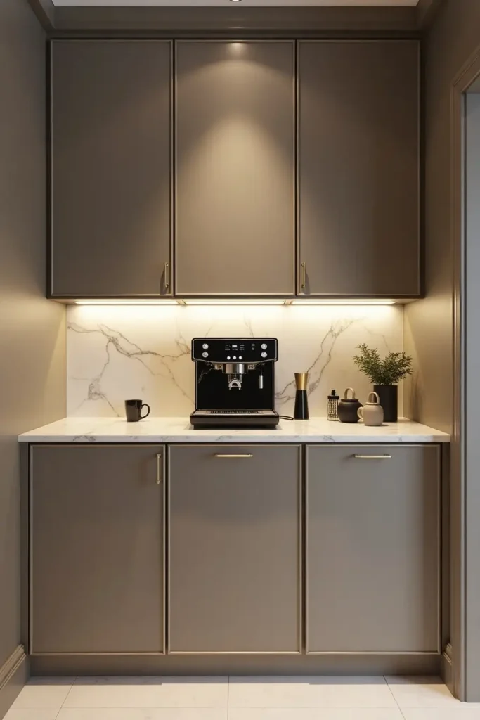 Luxurious built-in coffee bar with marble backsplash, gold-trimmed cabinets, and espresso machine.