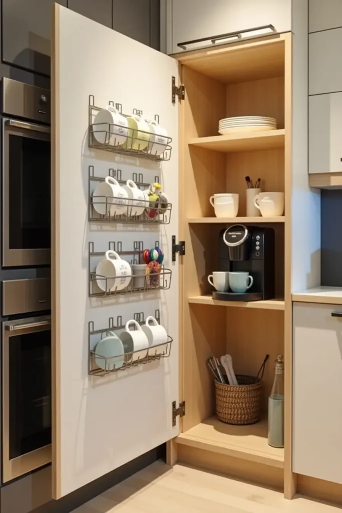 Pantry door with coffee storage pockets and compact coffee machine on inside shelf in a small kitchen.