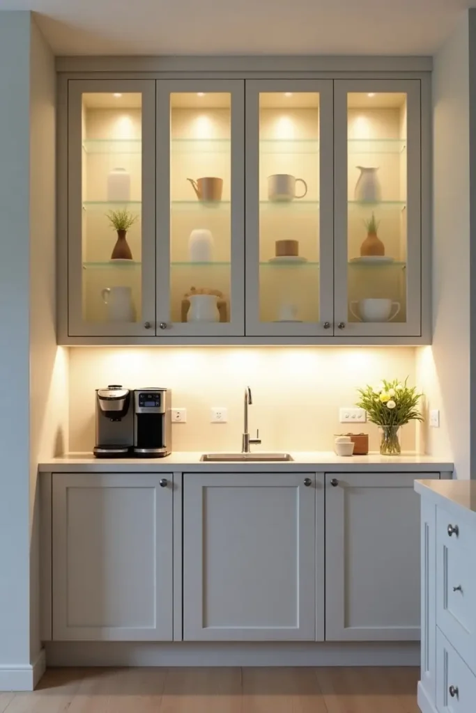 Frosted glass coffee cabinets with under-cabinet lights in a stylish modern kitchen setup.
