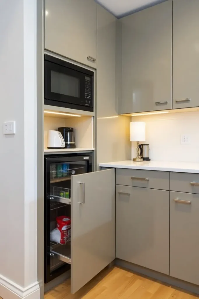 Corner coffee bar with pull-out shelves, mini fridge, and microwave in a space-saving kitchen nook.