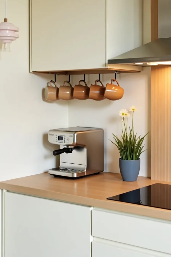 Fold-down wall coffee bar with hooks for mugs, compact coffee maker in a tiny kitchen.