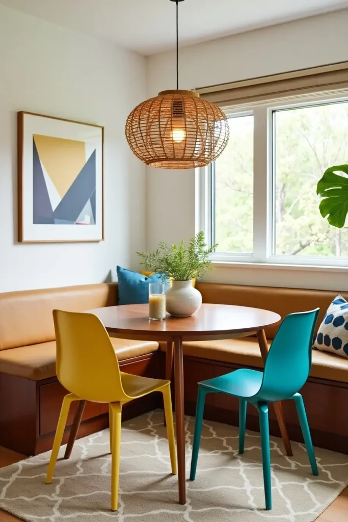 Mid-century walnut dining table with bold mustard and teal chairs under woven pendant light.