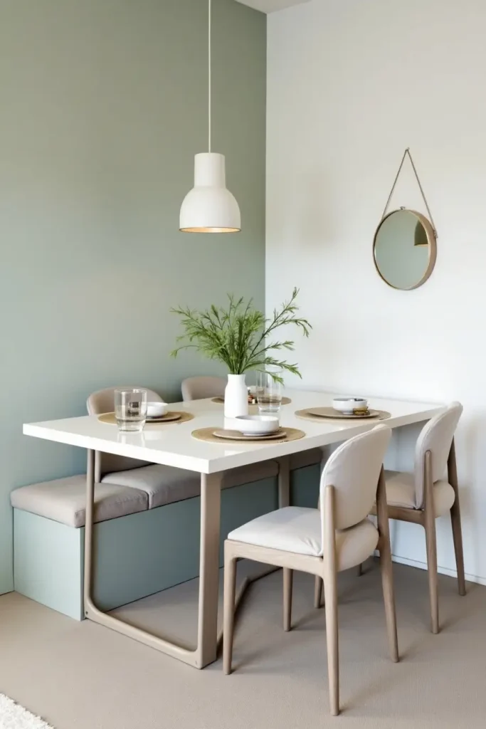Minimalist white lacquered table with neutral chairs, linen placemats, and ceramic vase decor.