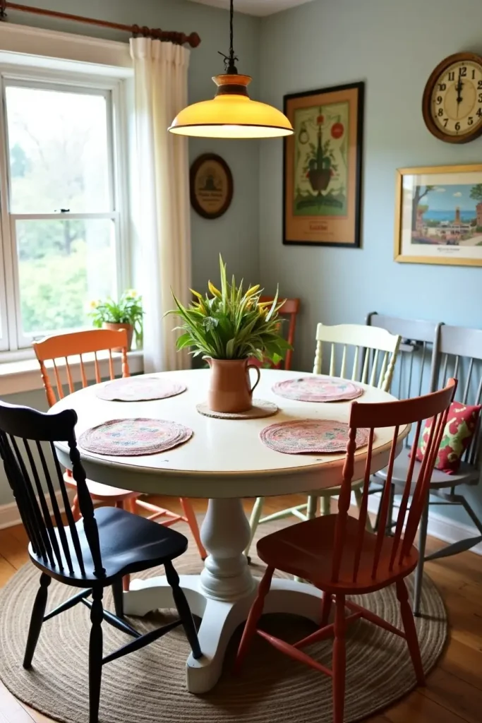 Distressed round table with mismatched thrifted chairs, retro placemats, and eclectic vintage charm.