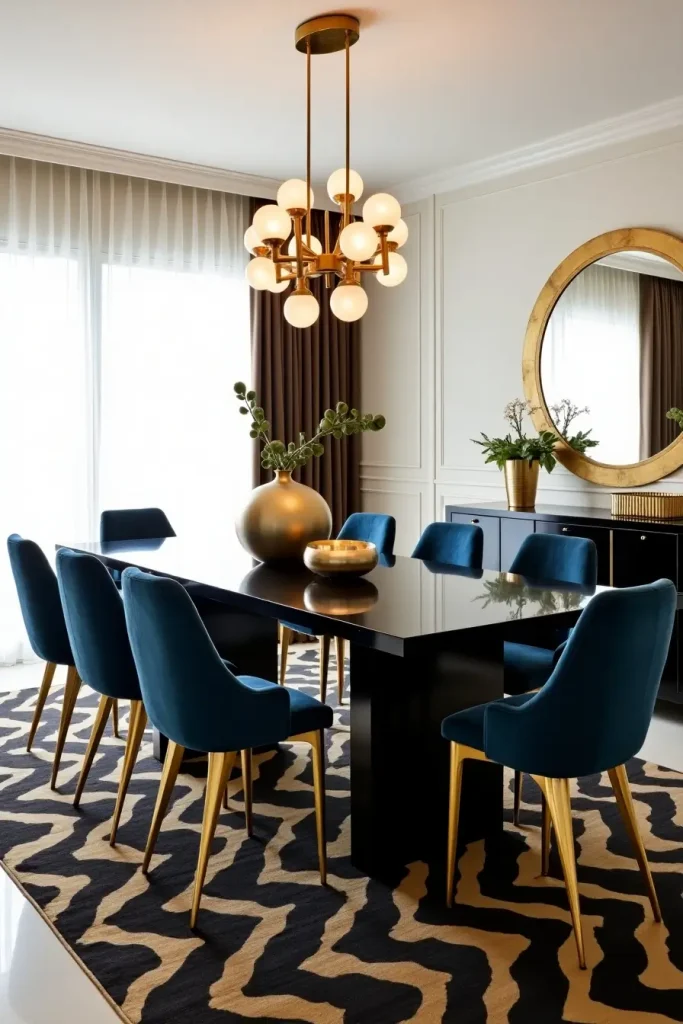 Glossy black Art Deco dining table with brass details and jewel-toned velvet chairs.