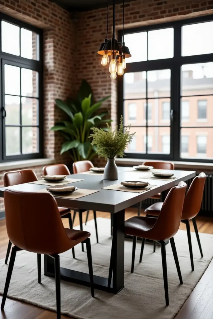Concrete-top metal table with leather chairs, brick wall, and industrial pendant lighting.