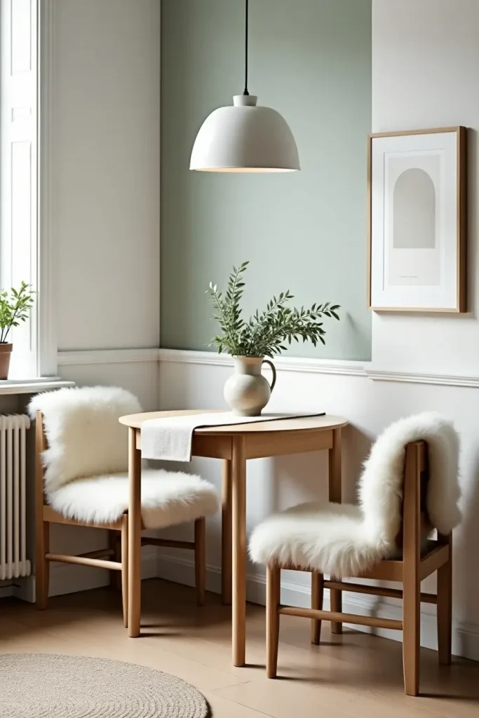 Light oak 3-piece dining set with sheepskin throws, ceramic vase, and Scandinavian minimalist style.