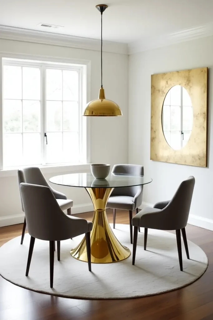 Glass-top dining table with gold base, gray chairs, and ceramic bowl in airy modern space.