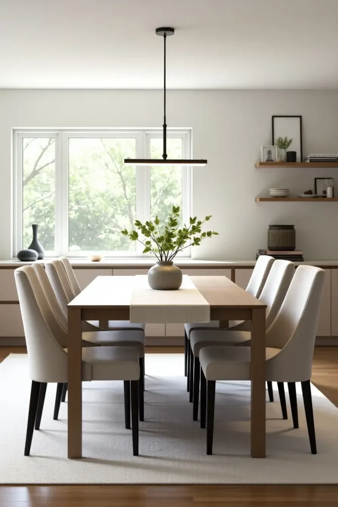 Extendable dining set with cushioned chairs, neutral runner, and modern versatile design.