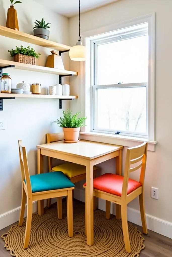 Compact nesting dining set with colorful cushions in a bright, space-saving kitchen corner.