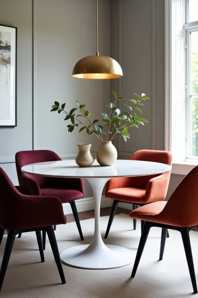 Marble-top tulip table with bold chairs, sculptural vase, and modern timeless dining style.