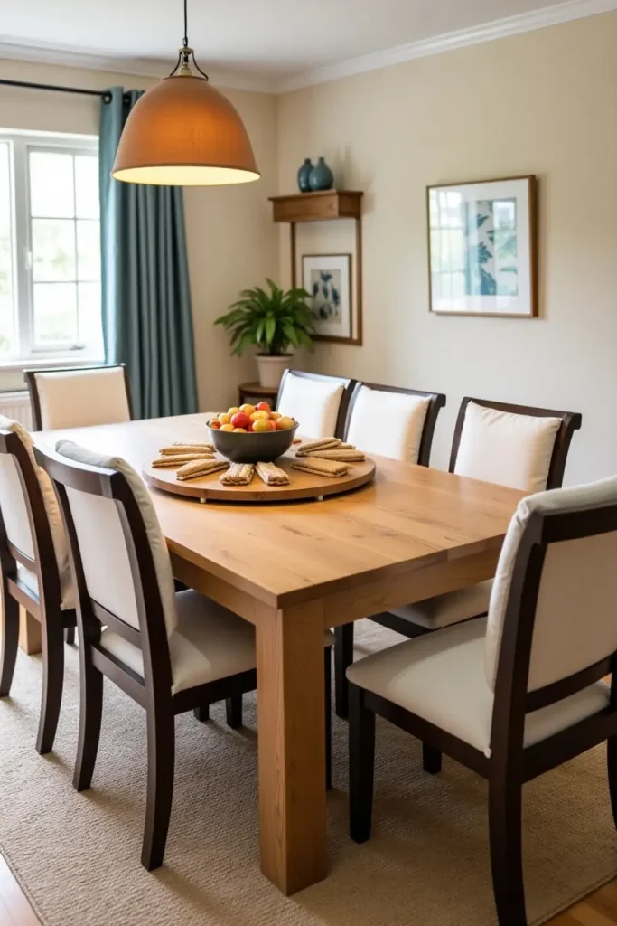 Textured oak dining table with cushioned chairs and lazy Susan in a cozy family dining room.