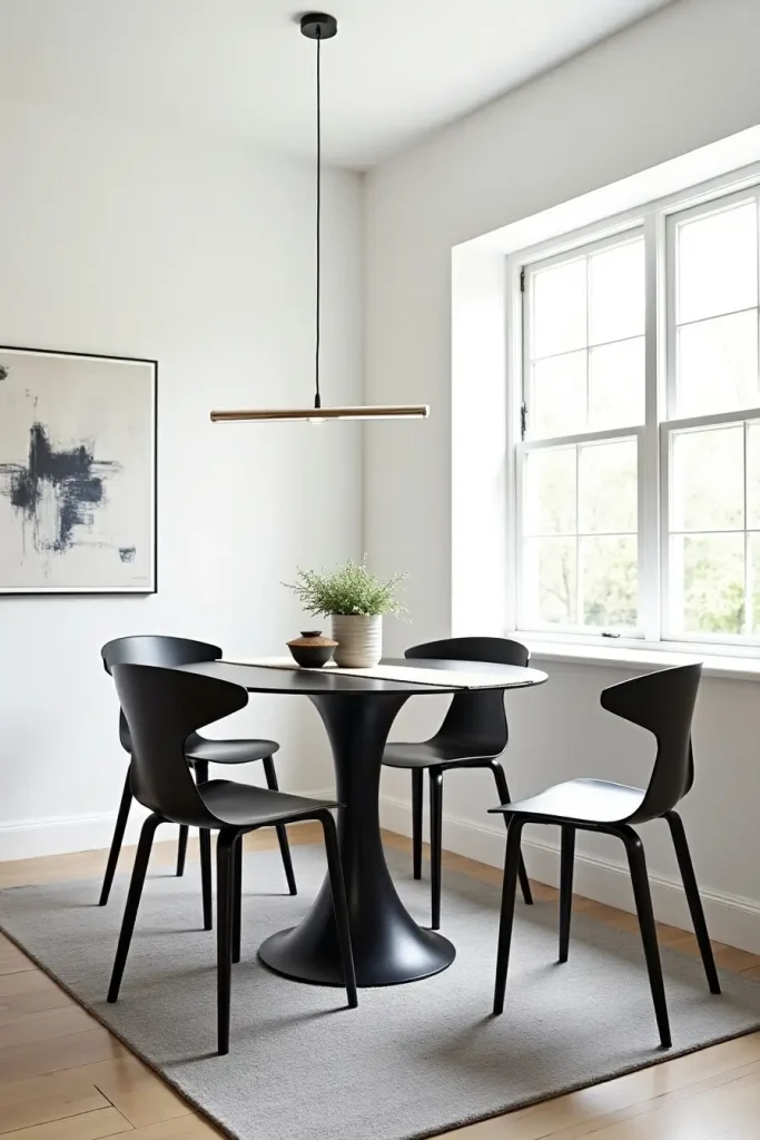 Convertible matte black round table with sleek chairs in a modern small-space dining setup.