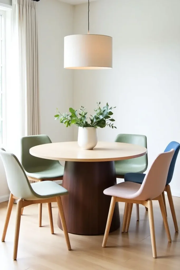 Two-tone round wooden dining table with pastel chairs in a soft transitional kitchen setting.